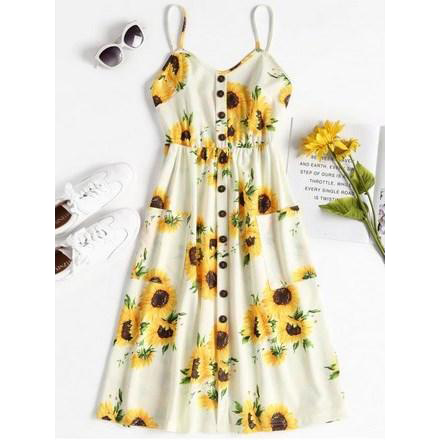 Button Sunflower Print Midi Dress