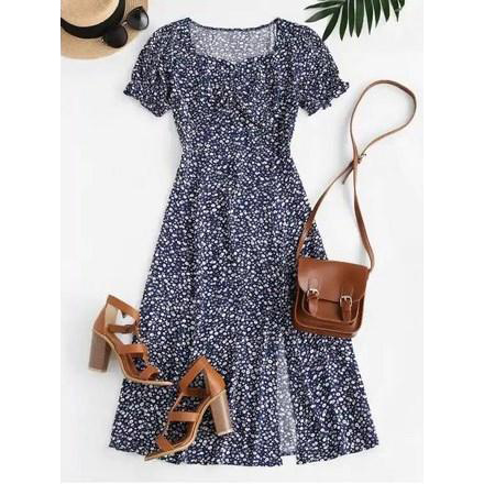 Ditsy Floral Slit Midi Tea Dress