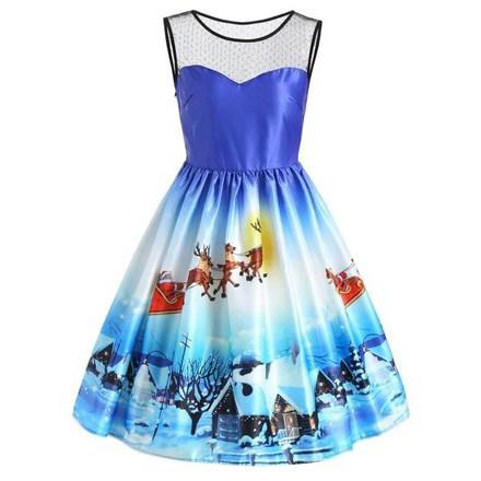 Christmas Sleeveless Snow View Print Vintage Dress