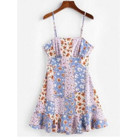 Back Tie Floral Print Flounce Mini Dress