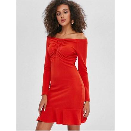 Cinched Off Shoulder Ruffles Mini Dress