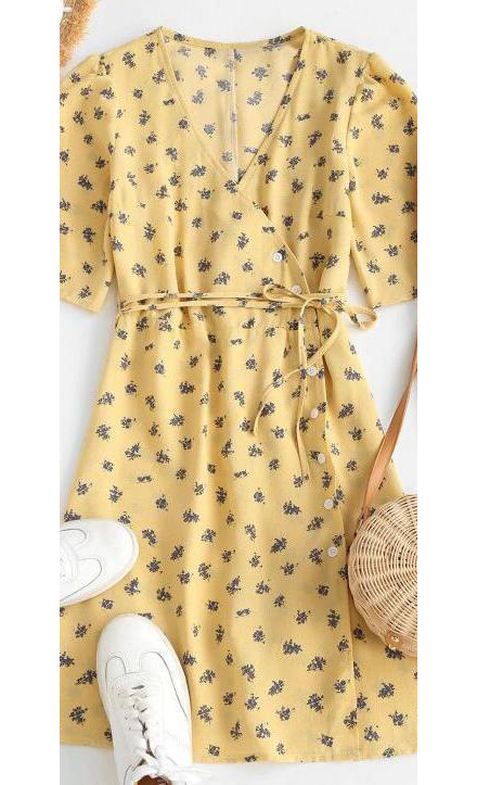 Button Up Tie Waist Ditsy Floral Dress